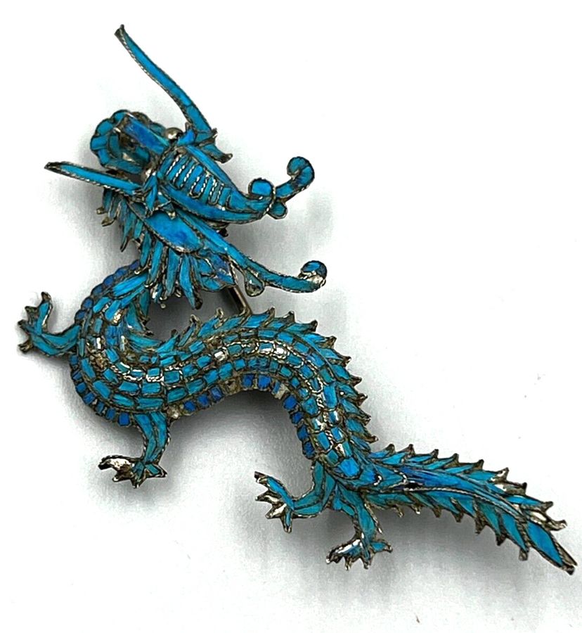 Antique Rare Antique Chinese 19th C Silver Tian Tsui Kingfisher Wing Dragon Brooch