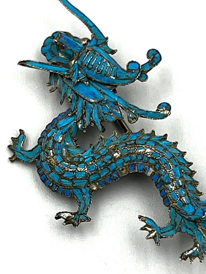 Antique Rare Antique Chinese 19th C Silver Tian Tsui Kingfisher Wing Dragon Brooch