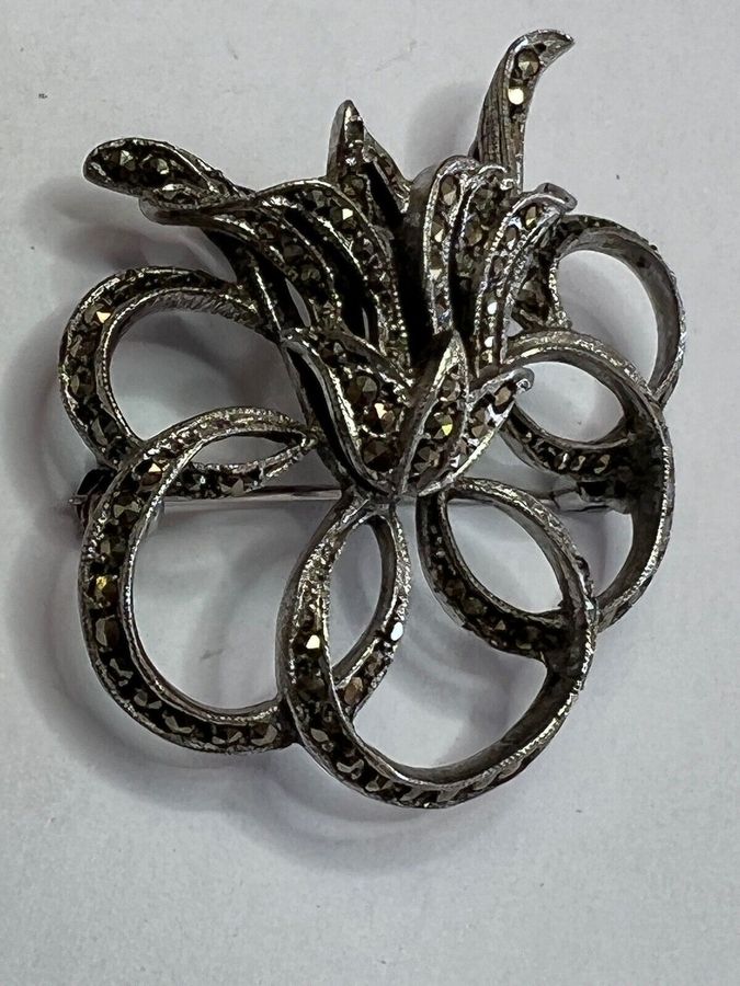 Antique Vintage Solid Silver Hallmarked Marcasite Brooch Pin