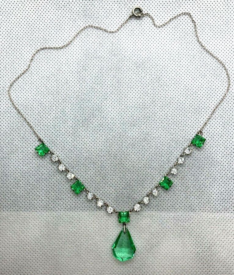 Antique Antique Edwardian Rivière Necklace Silver set with Czech Emerald & Czech Clear