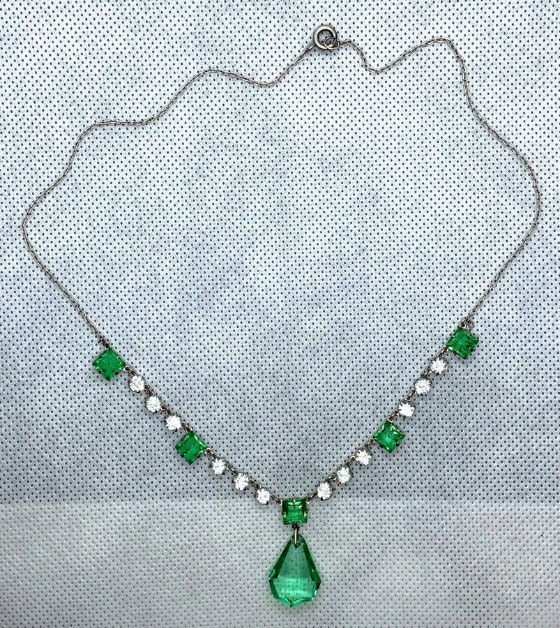 Antique Antique Edwardian Rivière Necklace Silver set with Czech Emerald & Czech Clear