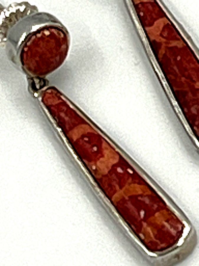 Antique Vintage Natural Coral and Silver Drop Earrings Hallmarked