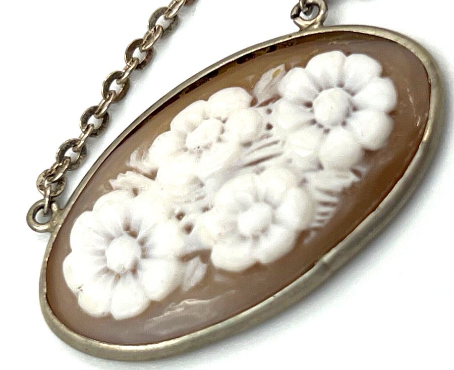 Antique Antique Floral Shell Cameo Silver mounted on Silver Chain Hallmarked