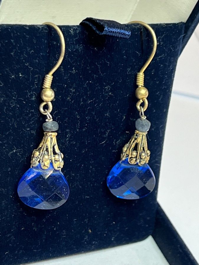 Antique Antique Art Deco Czech Blue Drop Earrings