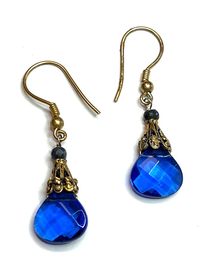 Antique Antique Art Deco Czech Blue Drop Earrings