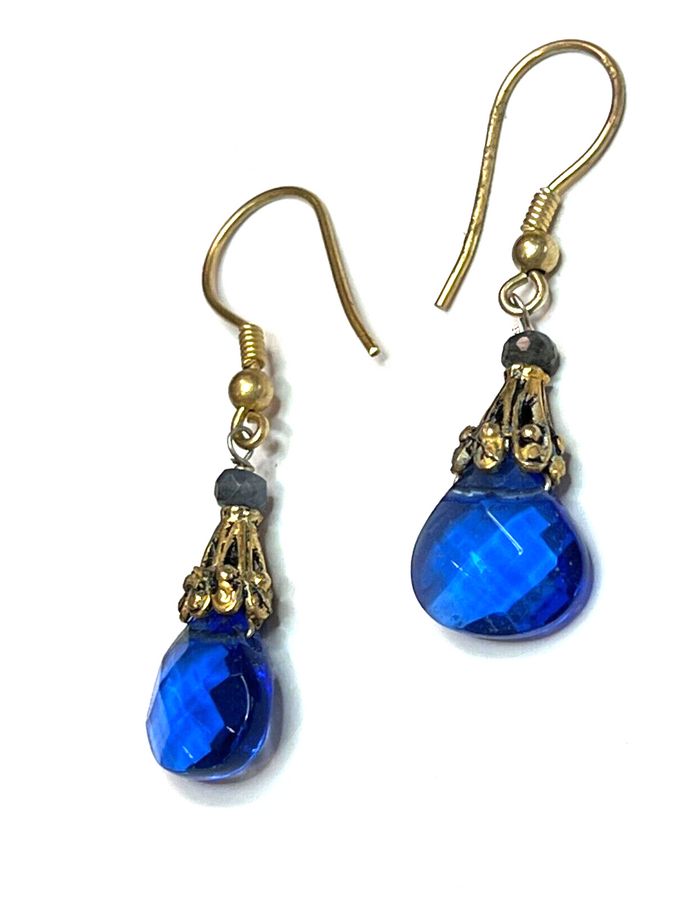 Antique Antique Art Deco Czech Blue Drop Earrings