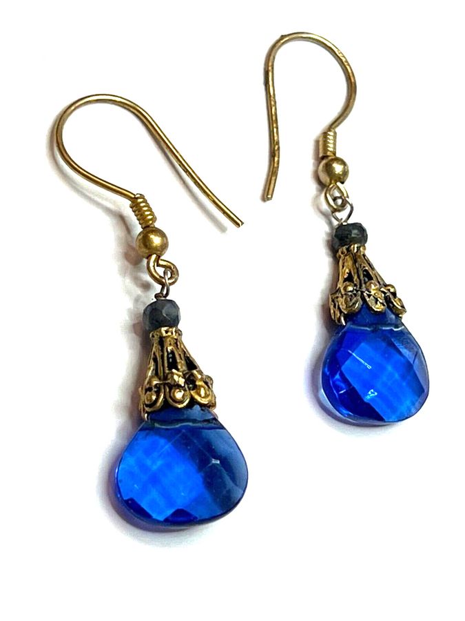 Antique Antique Art Deco Czech Blue Drop Earrings