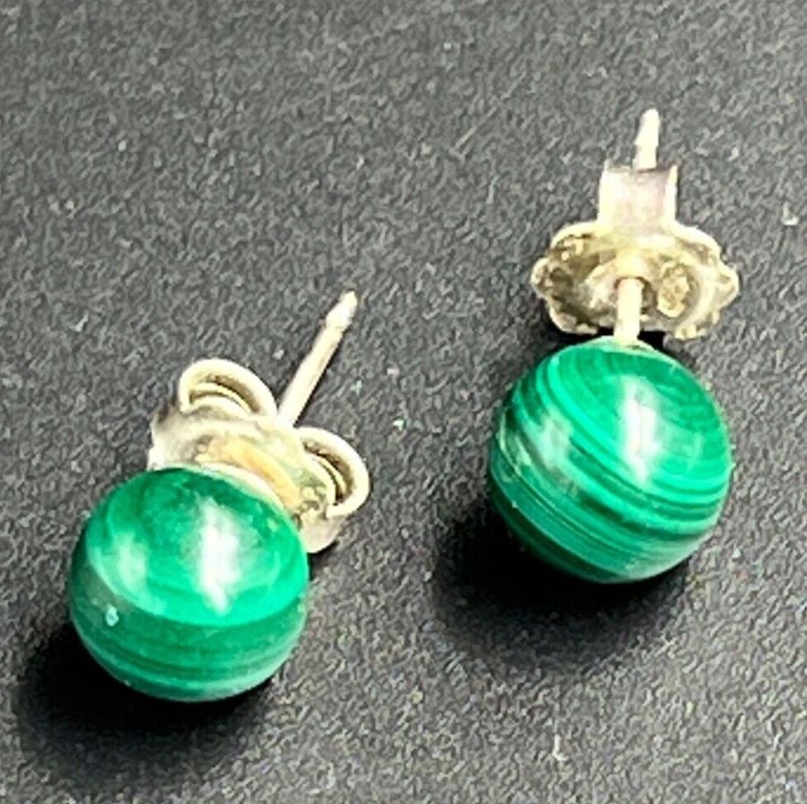 Antique Silver and Malachite Stud Earrings Antique Pierced Ears Hallmarked