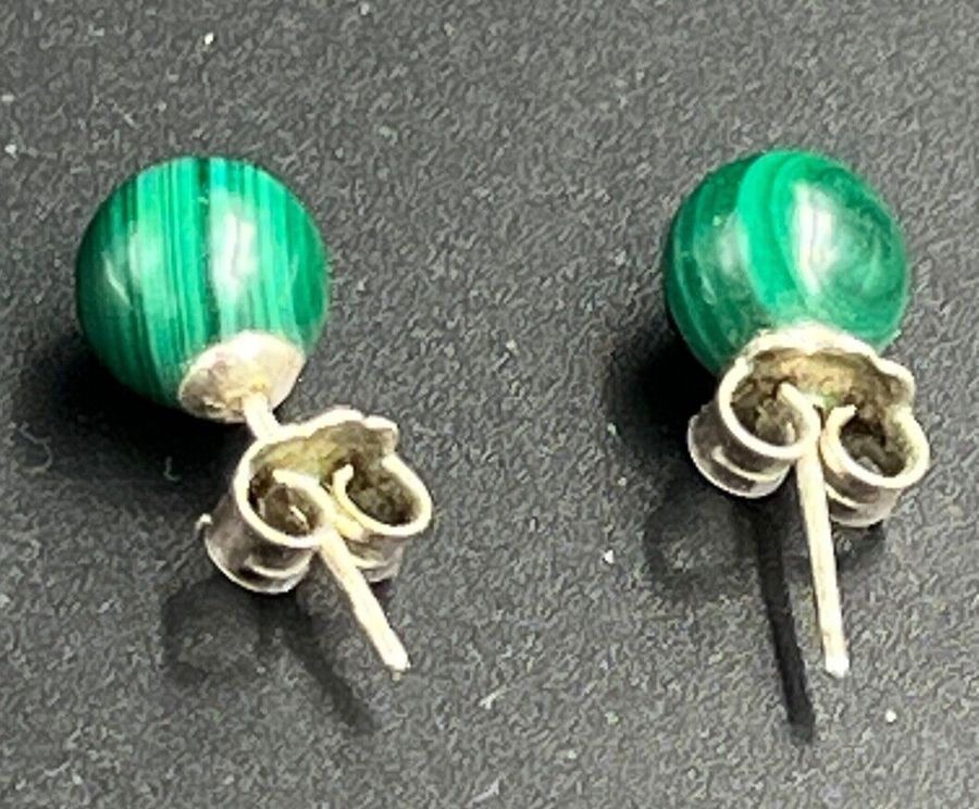 Antique Silver and Malachite Stud Earrings Antique Pierced Ears Hallmarked