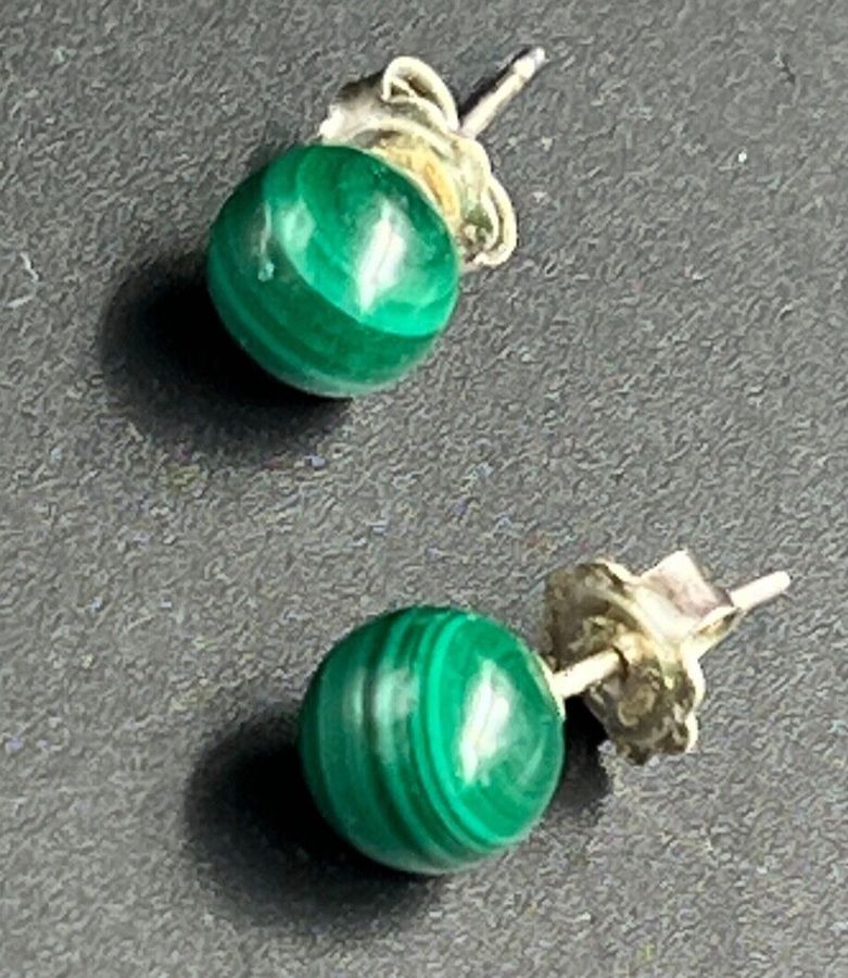 Antique Silver and Malachite Stud Earrings Antique Pierced Ears Hallmarked