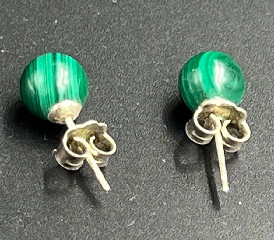 Antique Silver and Malachite Stud Earrings Antique Pierced Ears Hallmarked