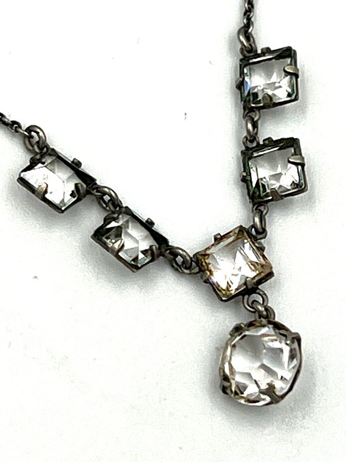 Antique Antique Art Deco Silver Rivière Necklace Circa 1920s Set with Czech Clear Stones