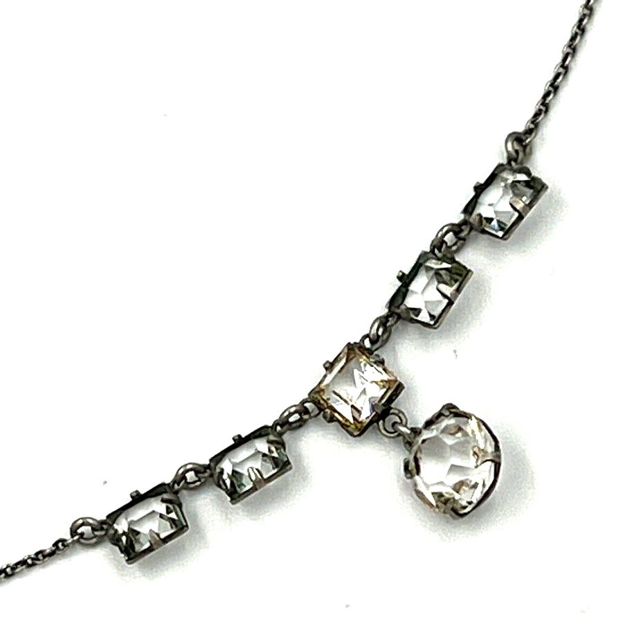 Antique Antique Art Deco Silver Rivière Necklace Circa 1920s Set with Czech Clear Stones