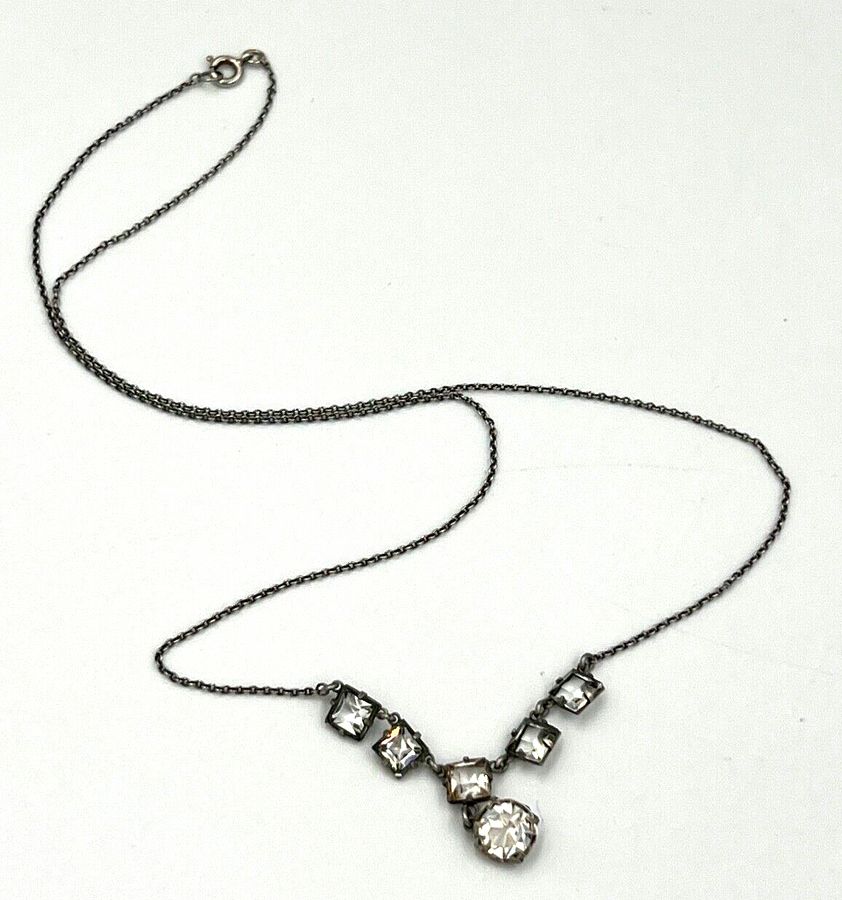 Antique Antique Art Deco Silver Rivière Necklace Circa 1920s Set with Czech Clear Stones