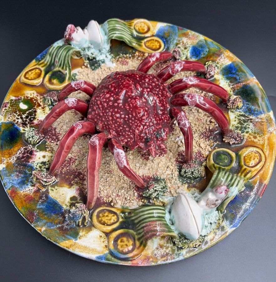 Antique Large Vintage Majolica Palissy Spider Crab Wall Plate Portuguese  30cm Diameter