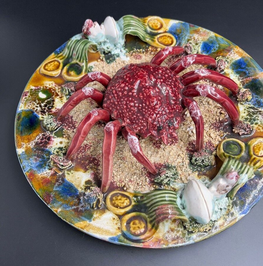 Antique Large Vintage Majolica Palissy Spider Crab Wall Plate Portuguese  30cm Diameter