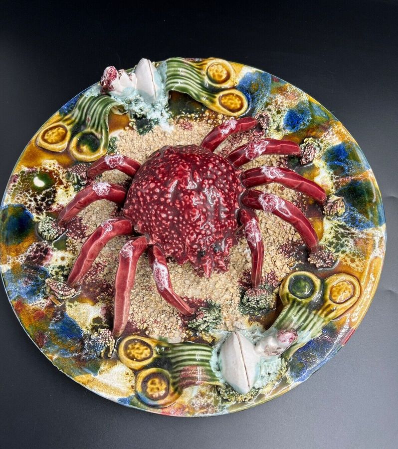 Antique Large Vintage Majolica Palissy Spider Crab Wall Plate Portuguese  30cm Diameter