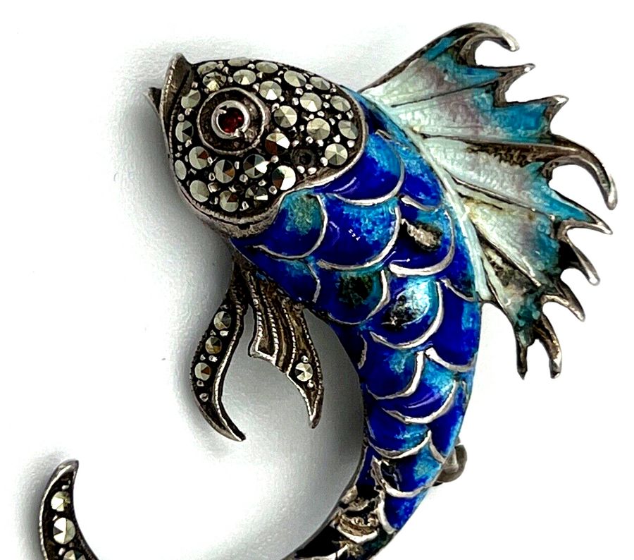 Antique Hallmarked Silver Enamelled Brooch Sailfish Art Nouv Antique  Set with Marcasite