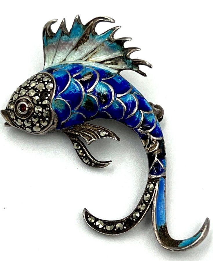 Antique Hallmarked Silver Enamelled Brooch Sailfish Art Nouv Antique  Set with Marcasite