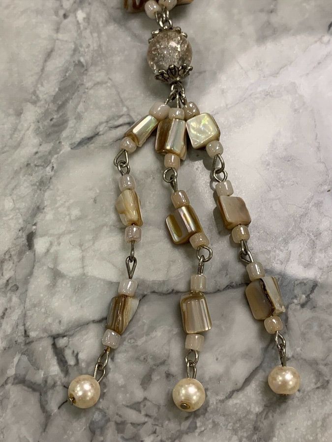 Antique Vintage Art Deco Long Czech Bead Shell and Pearl Necklace with Tassels