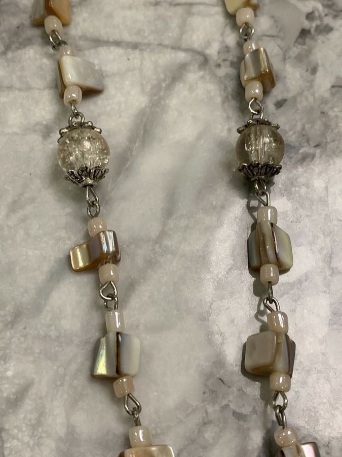 Antique Vintage Art Deco Long Czech Bead Shell and Pearl Necklace with Tassels