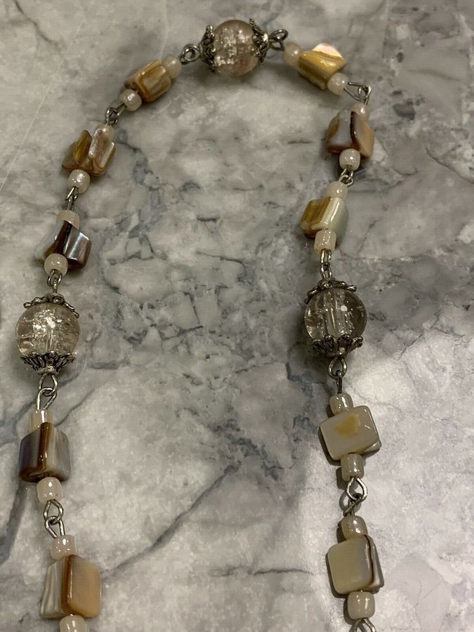 Antique Vintage Art Deco Long Czech Bead Shell and Pearl Necklace with Tassels