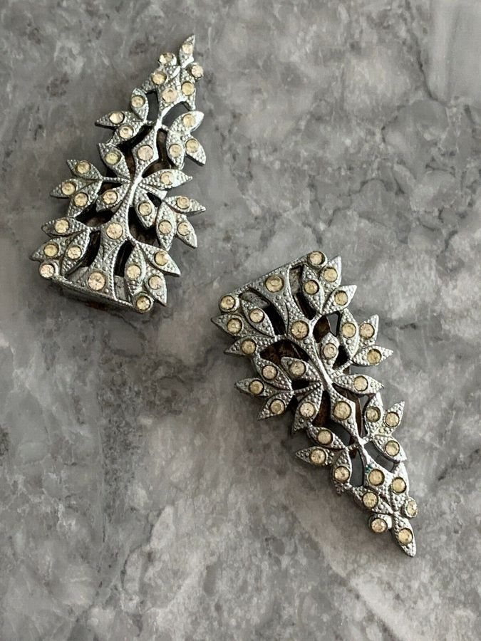 Antique Antique Vintage Art Deco Pair of Dress Clips Diamante