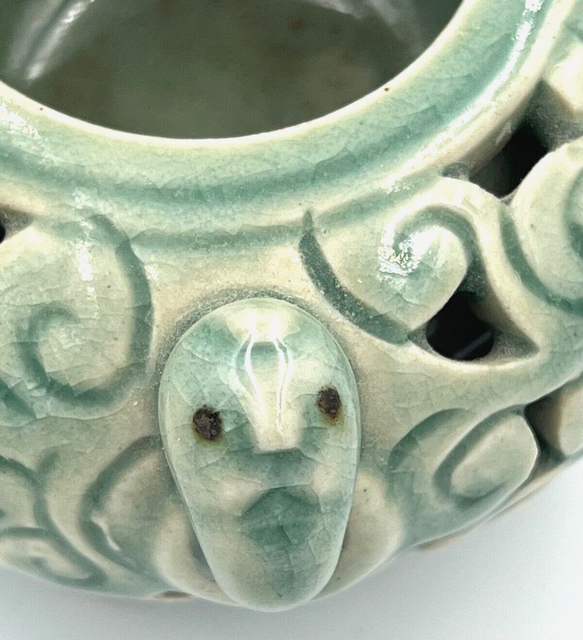 Antique Antique Celadon Pottery 3 Legged Brush Pot  Censor  Faces as Handles Chinese