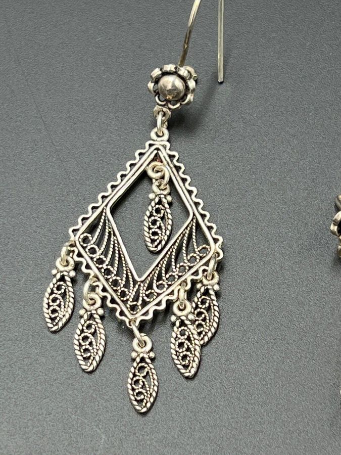 Antique Vintage Solid Silver Earrings Hallmarked Pierced Ears Dangle Drop Filigree