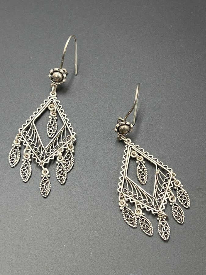 Antique Vintage Solid Silver Earrings Hallmarked Pierced Ears Dangle Drop Filigree