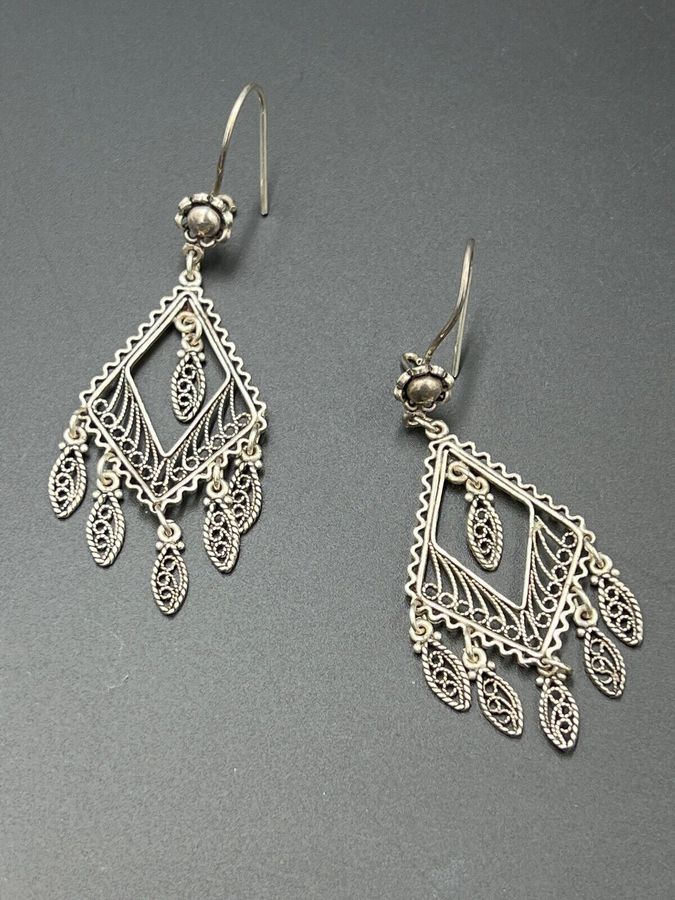 Antique Vintage Solid Silver Earrings Hallmarked Pierced Ears Dangle Drop Filigree