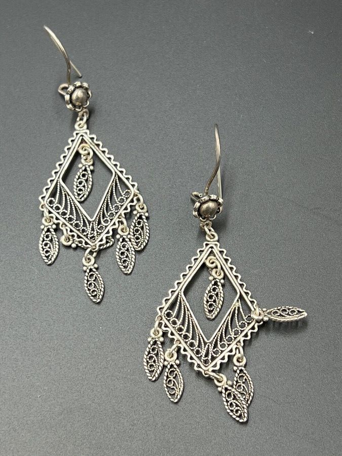 Antique Vintage Solid Silver Earrings Hallmarked Pierced Ears Dangle Drop Filigree