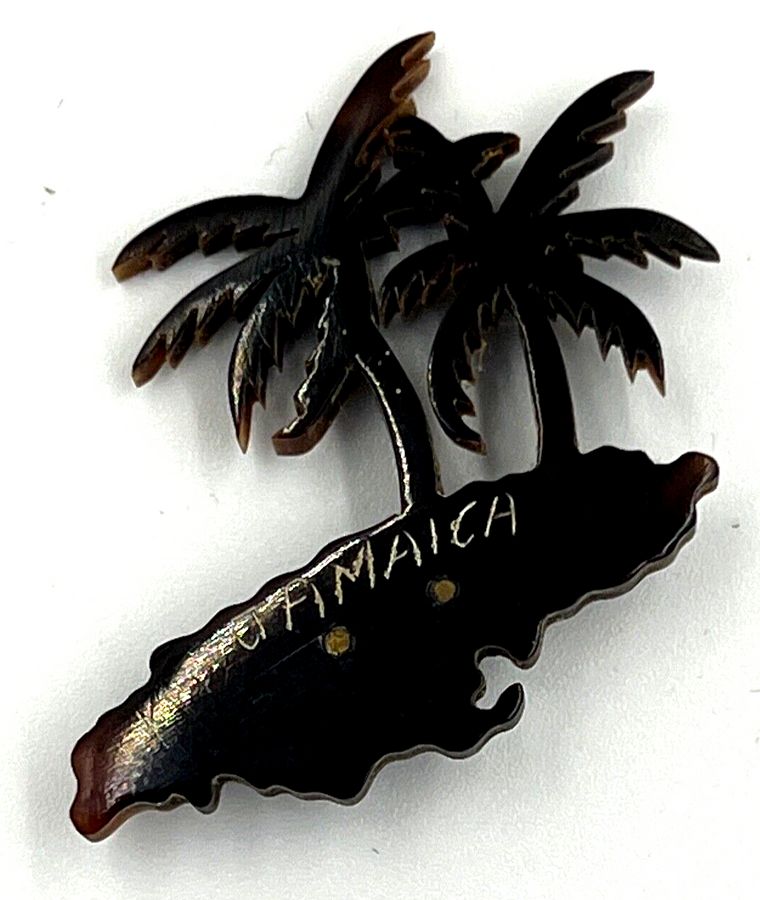 Antique Vintage Shell Brooch 'Jamaica' Palm Trees Mid Century 4cm x 4cm