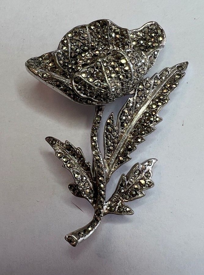 Antique Vintage Large Marcasite Floral Brooch Pin