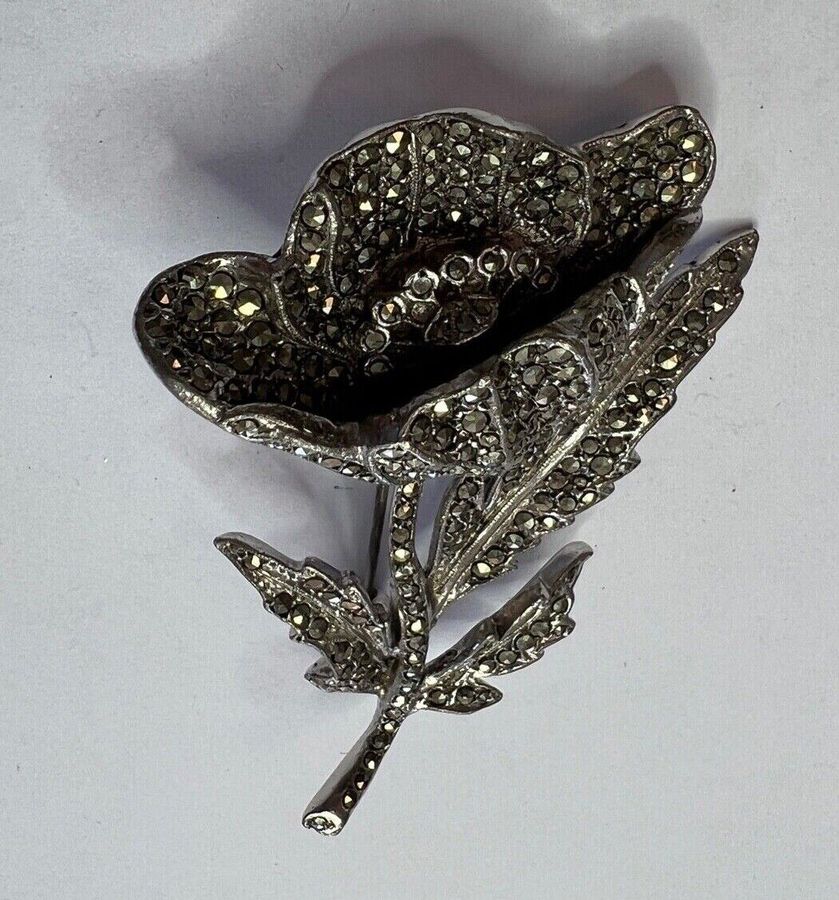 Antique Vintage Large Marcasite Floral Brooch Pin