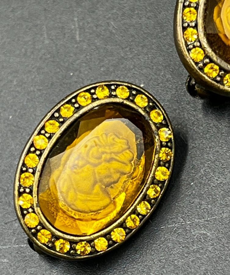 Antique Pair Vintage Czech Amber Intaglio Cameo Brooches