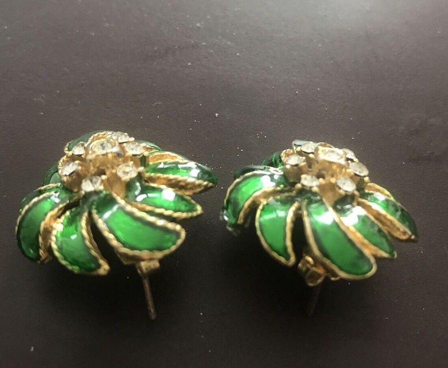 Antique A Pair Of Vintage Diamante Earrings Enamelled