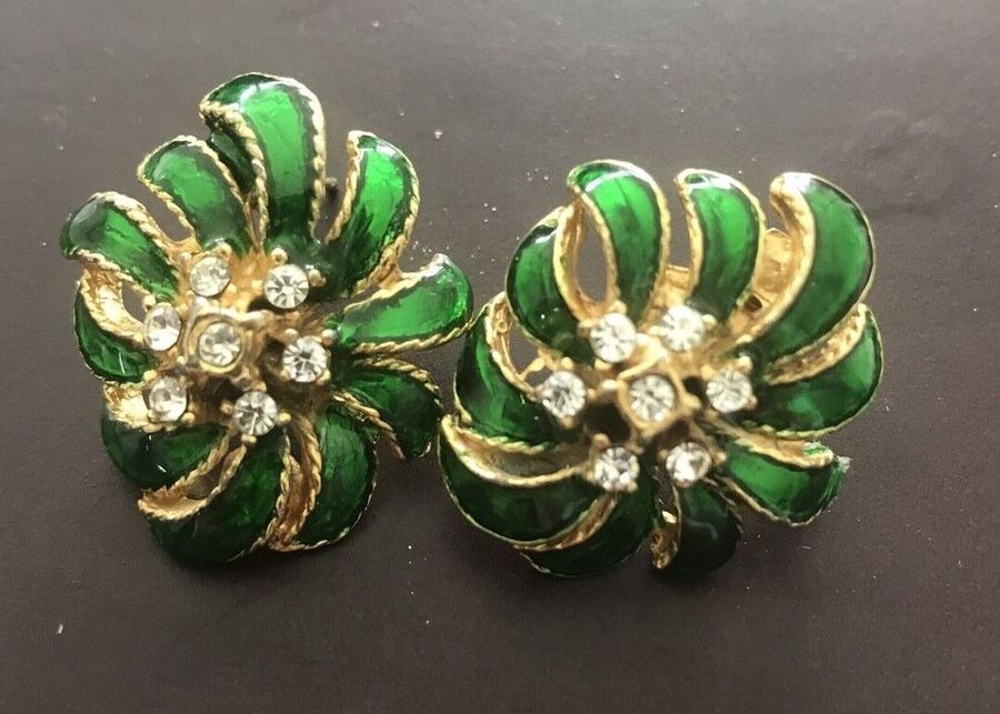 Antique A Pair Of Vintage Diamante Earrings Enamelled