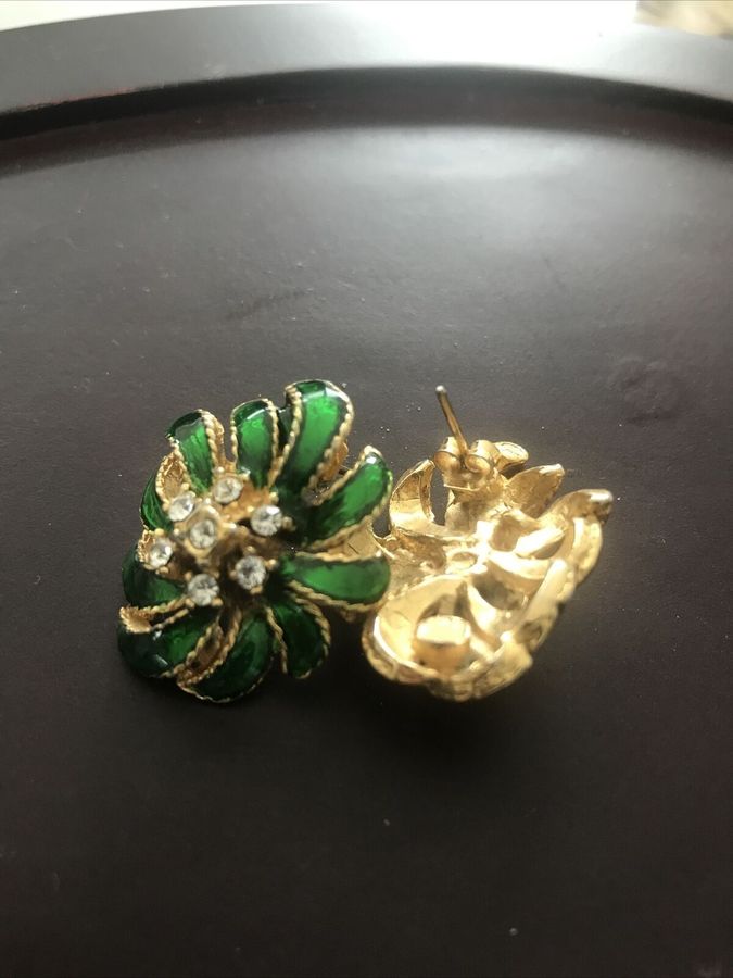 Antique A Pair Of Vintage Diamante Earrings Enamelled