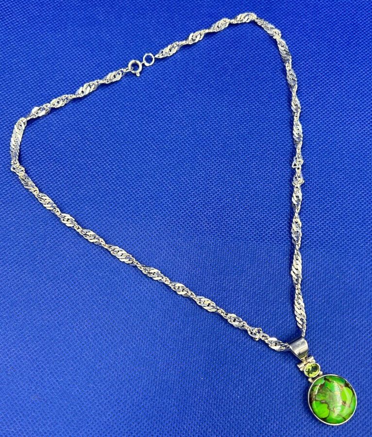 Antique Vintage Sterling Silver Thick Fancy Chain & Pendant  Jasper & Peridot Gemstones