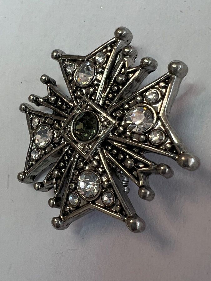 Antique Vintage Brooch Pin Maltese cross Set with Clear stones and Central darker stone