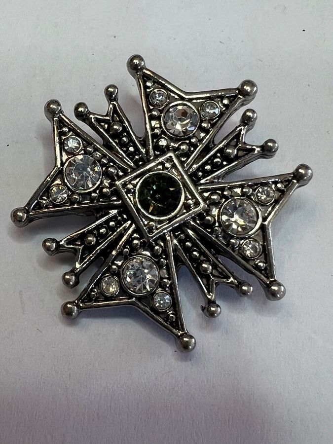 Antique Vintage Brooch Pin Maltese cross Set with Clear stones and Central darker stone