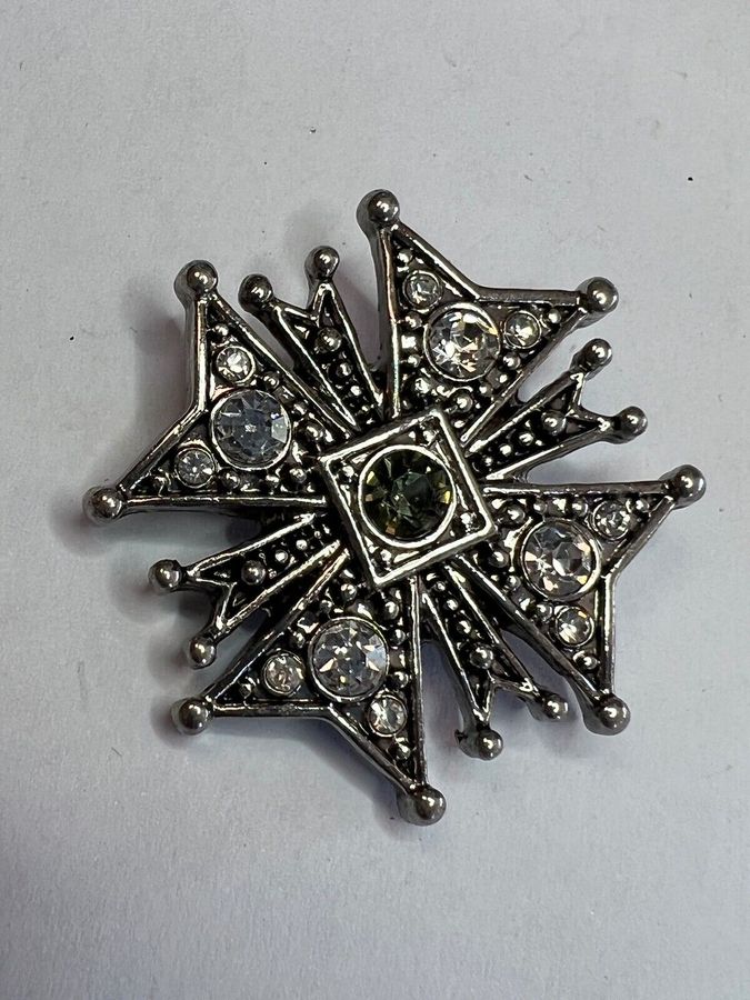 Antique Vintage Brooch Pin Maltese cross Set with Clear stones and Central darker stone