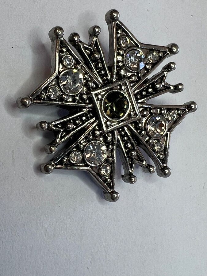 Antique Vintage Brooch Pin Maltese cross Set with Clear stones and Central darker stone