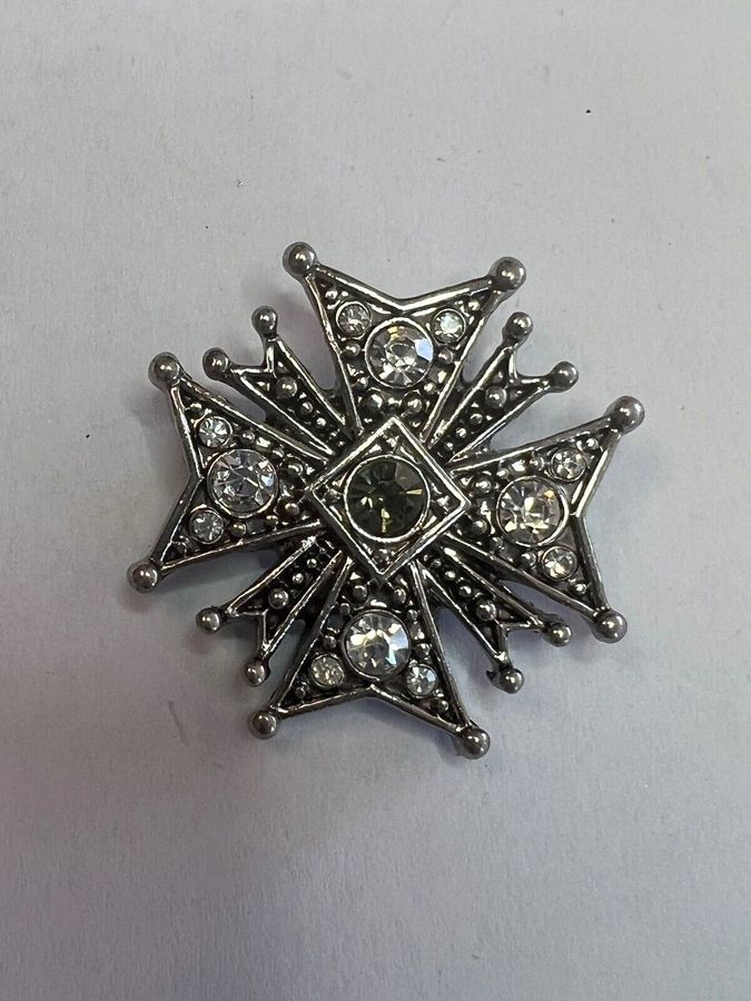 Antique Vintage Brooch Pin Maltese cross Set with Clear stones and Central darker stone