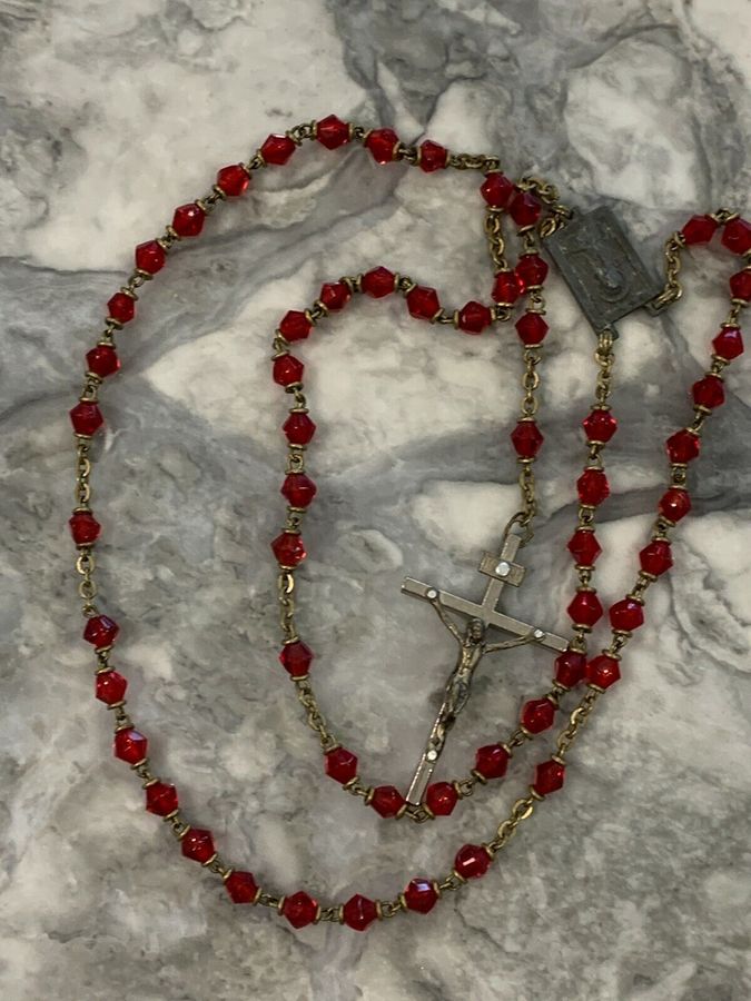 Antique Vintage Religious Czech Red Rosary Crucifix