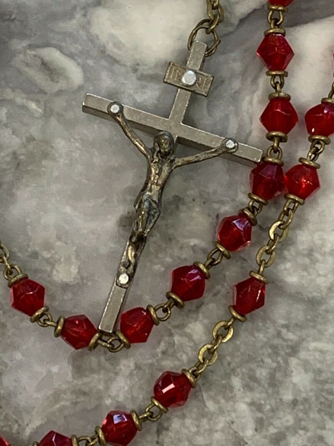 Antique Vintage Religious Czech Red Rosary Crucifix