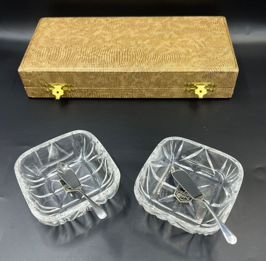 Antique Vintage Edinburgh Crystal Butter Dishes & Silver Servers in Original Leather Box