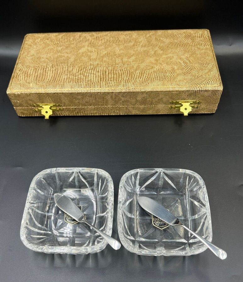 Antique Vintage Edinburgh Crystal Butter Dishes & Silver Servers in Original Leather Box