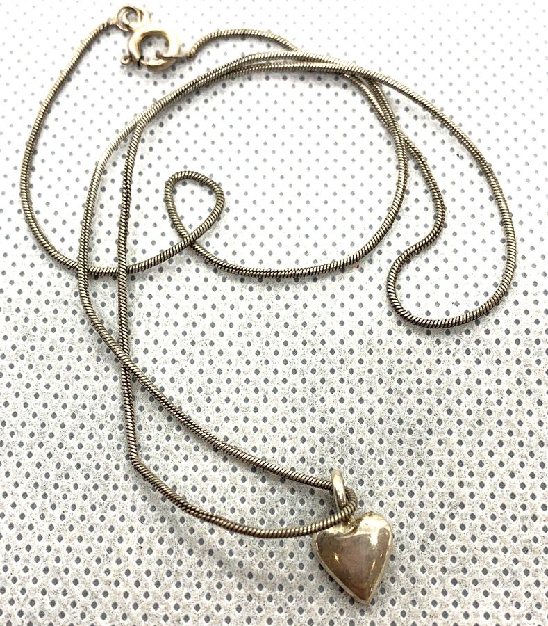 Antique Vintage Art Deco Solid Silver Heart Pendant Solid Silver Snake Chain Hallmarked